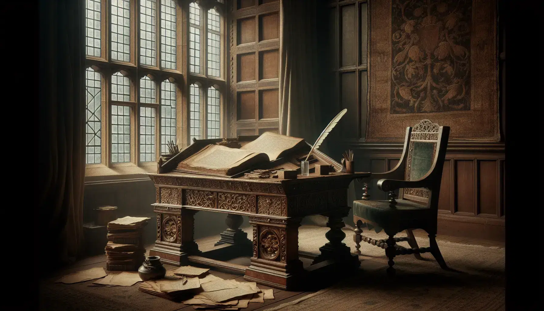 17th-century style study with ornate wooden desk, open book, quill in inkwell, and globe, illuminated by window light, exuding scholarly ambiance.