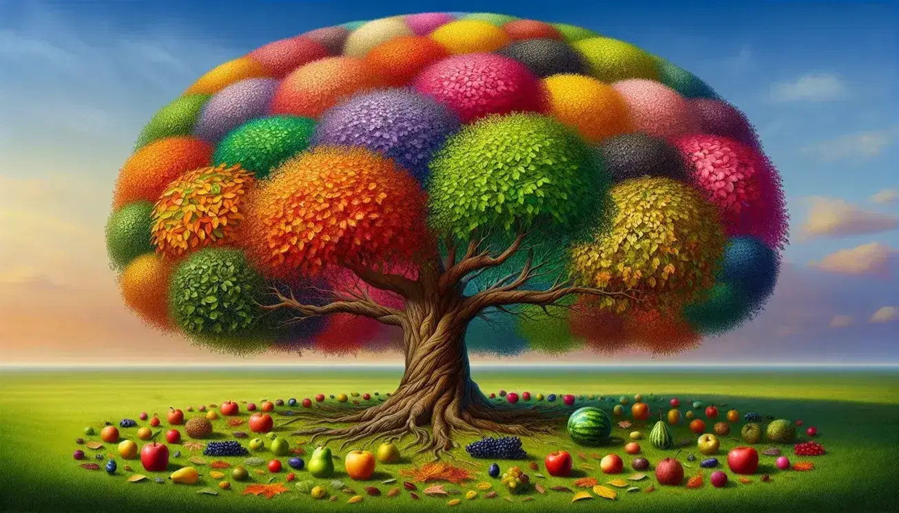 Vibrant tree with multicolored leaves and realistic trunk against a clear blue sky, surrounded by assorted lifelike fruits on lush grass.