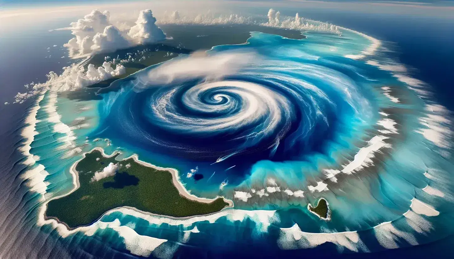 Vista aerea di un oceano con sfumature di blu, correnti a vortice, isole tropicali verdi, acque turchesi e barriere coralline.