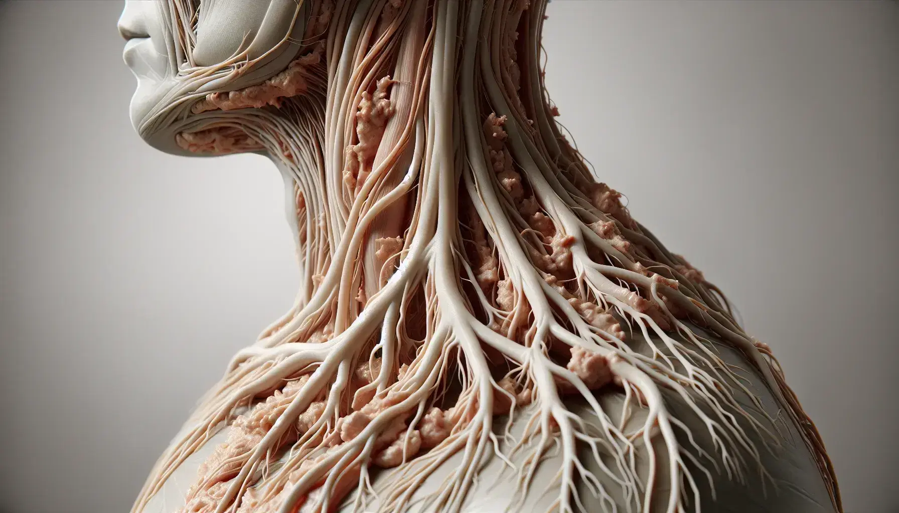 Modelo anatómico detallado del plexo braquial humano con nervios y ganglios en tonos carne, mostrando su compleja ramificación desde la base del cuello.