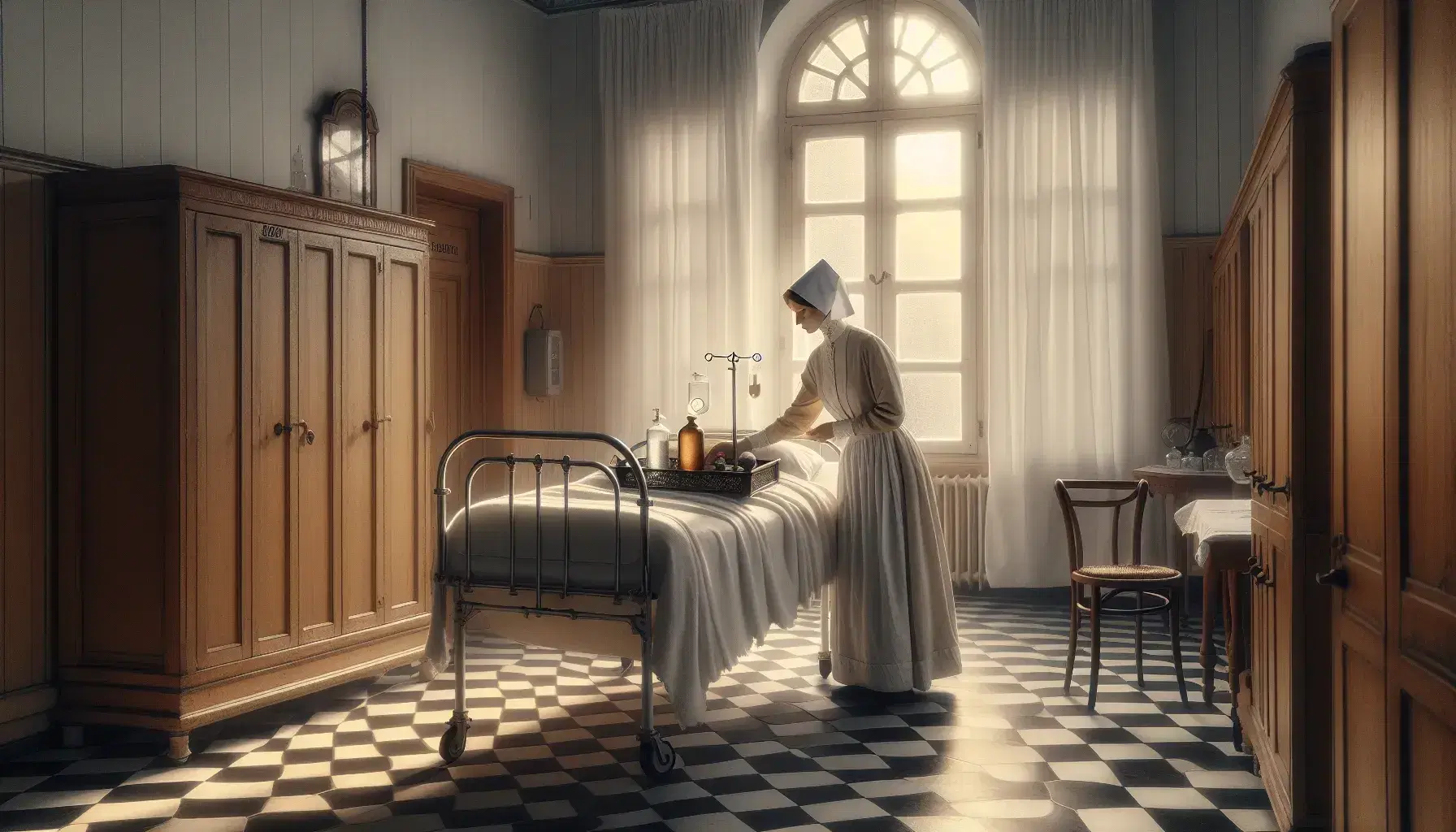 Enfermera de principios del siglo XX atendiendo a paciente en cama de hospital antiguo, con bandeja de utensilios médicos y ambiente iluminado por luz natural.