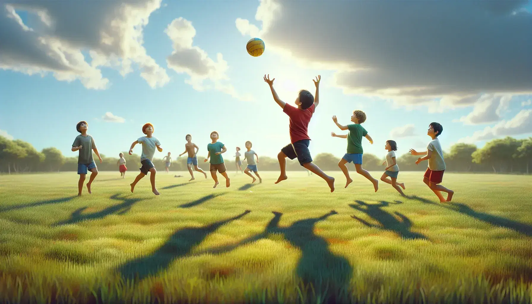 Niños jugando en un campo de hierba verde, uno atrapando una pelota amarilla en el aire, otros corriendo y lanzando una pelota naranja, bajo un cielo azul con nubes.
