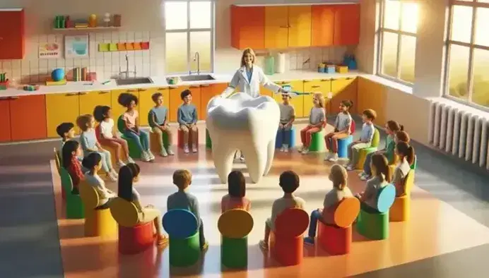 Gruppo di studenti di varie età attorno a un'insegnante con modello di dente gigante, in aula colorata e luminosa, che imparano l'igiene orale.