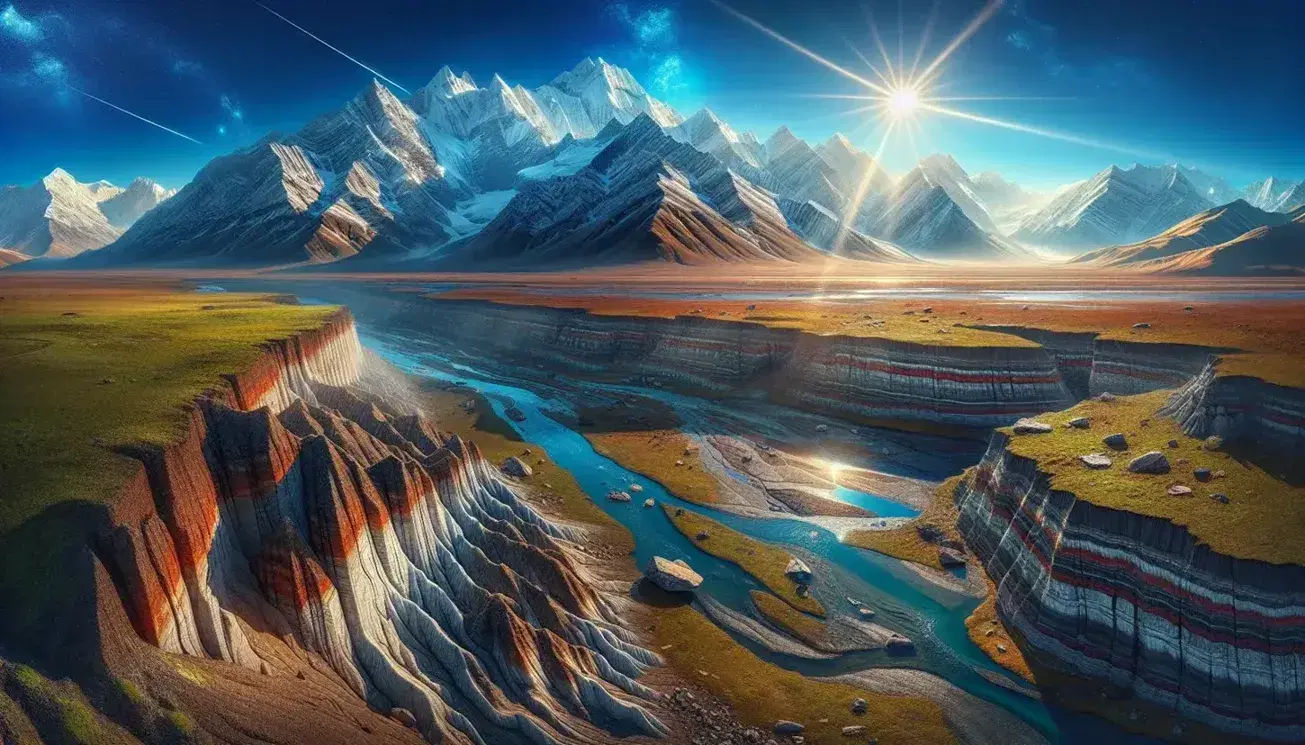 Montagne innevate sotto cielo azzurro, pianura verde con fiume serpeggiante e scarpata geologica multistrato.
