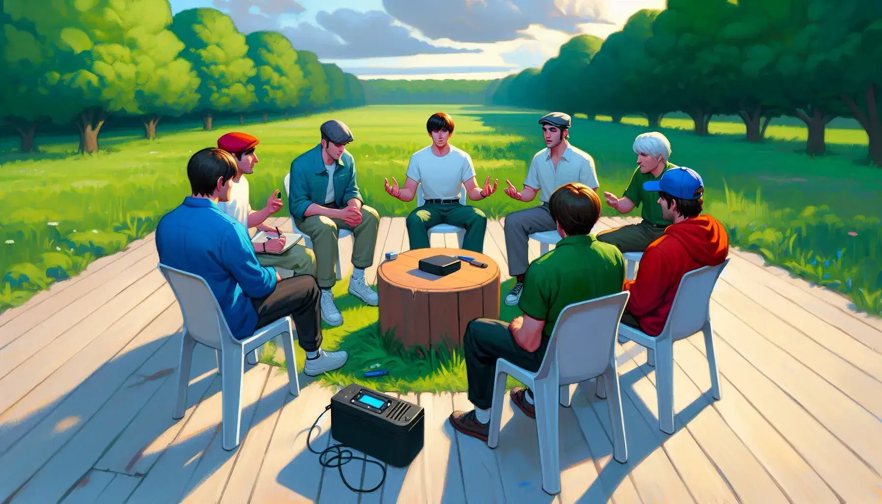 Grupo de cinco personas sentadas en sillas plásticas al aire libre, conversando activamente alrededor de una mesa con grabadora digital, en un parque con árboles y cielo parcialmente nublado.