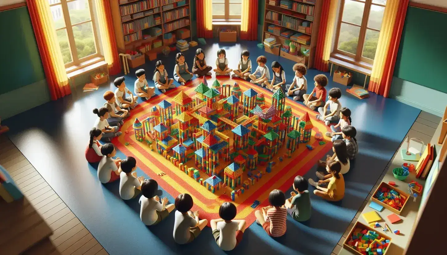 Niños de diversas etnias interactuando y construyendo con bloques de colores en un aula iluminada, reflejando aprendizaje colaborativo y creatividad.