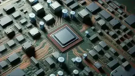 Placa base de ordenador con circuitos integrados y microchips metálicos en tonos plata y oro, procesador central cuadrado y capacitores cilíndricos azules.