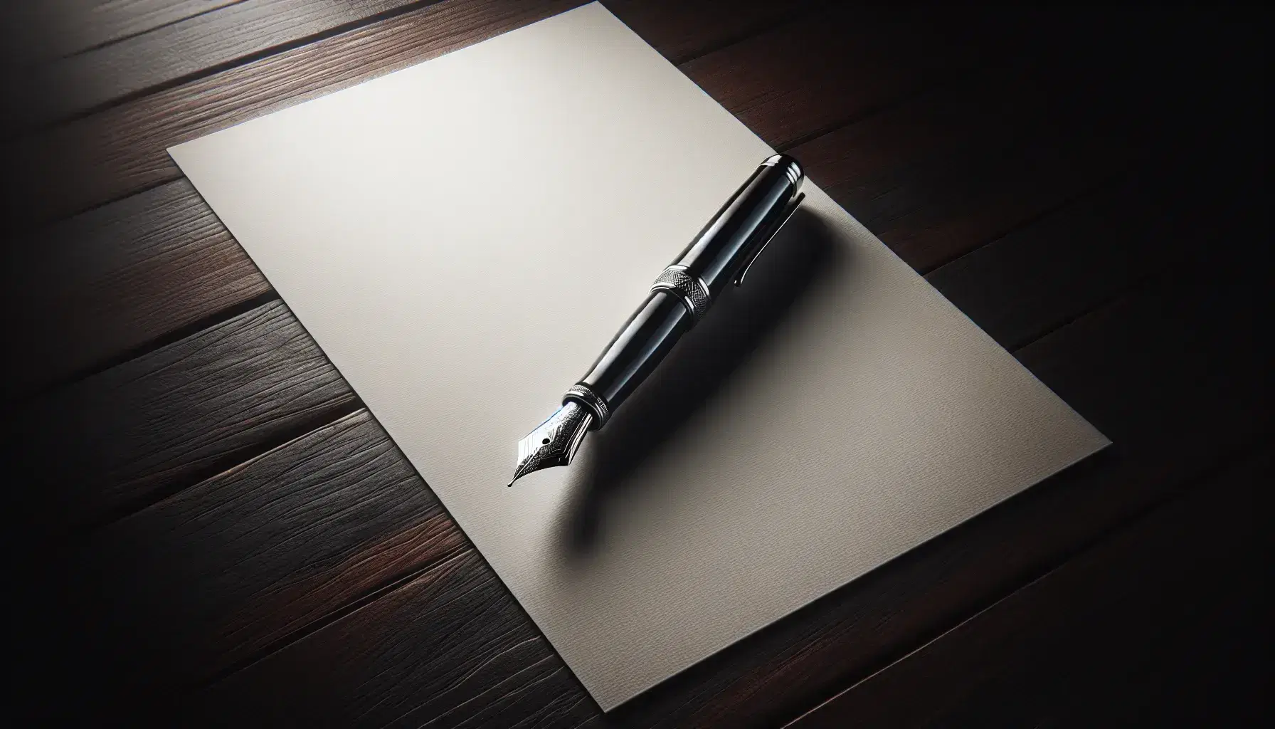 Pluma fuente negra con detalles plateados sobre papel blanco en superficie de madera oscura, iluminada sutilmente, evocando escritura elegante.