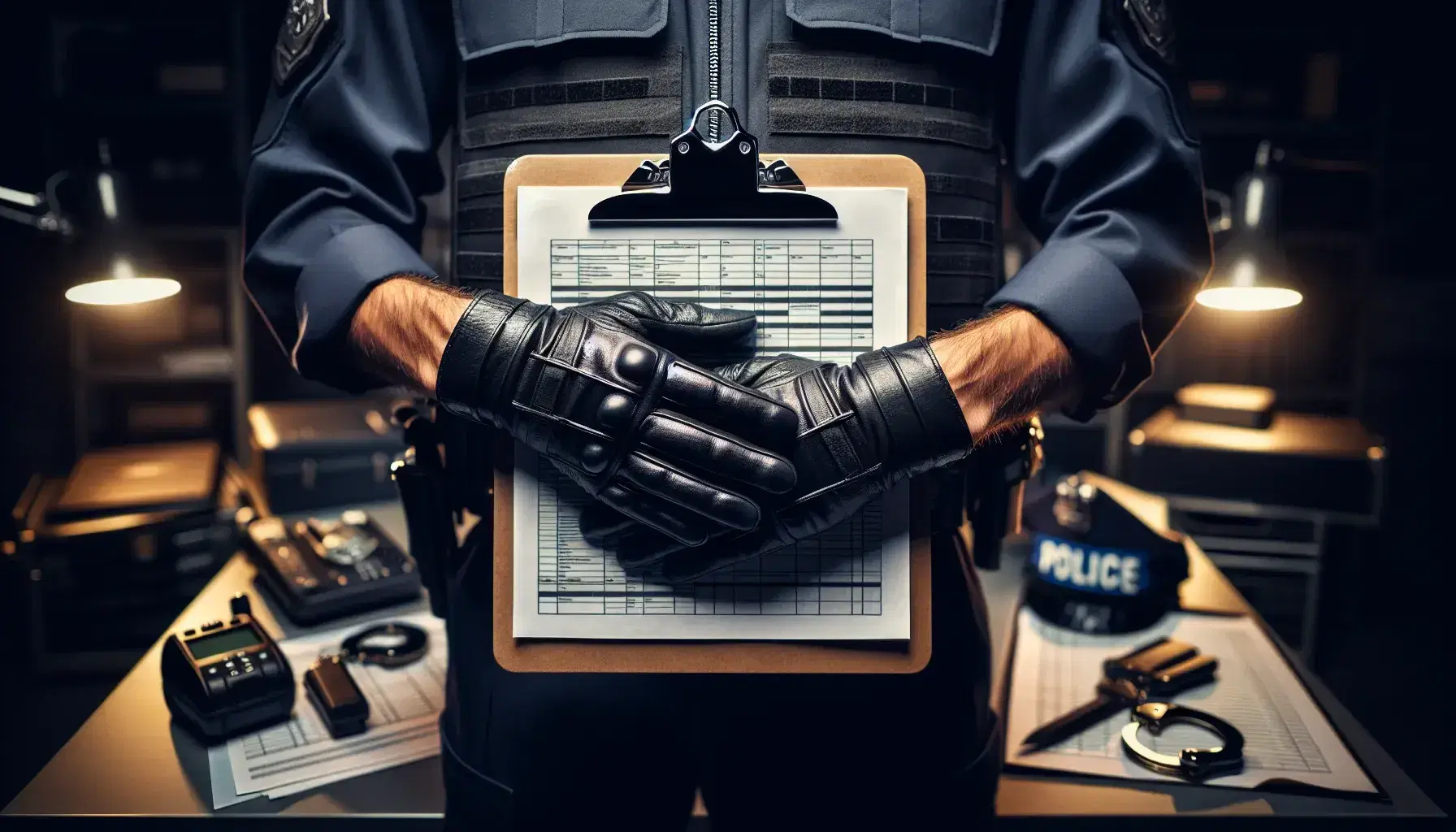 Close up of a police officer's gloved hands holding a clipboard, with blurred background of equipment such as radio, handcuffs and high visibility vest.