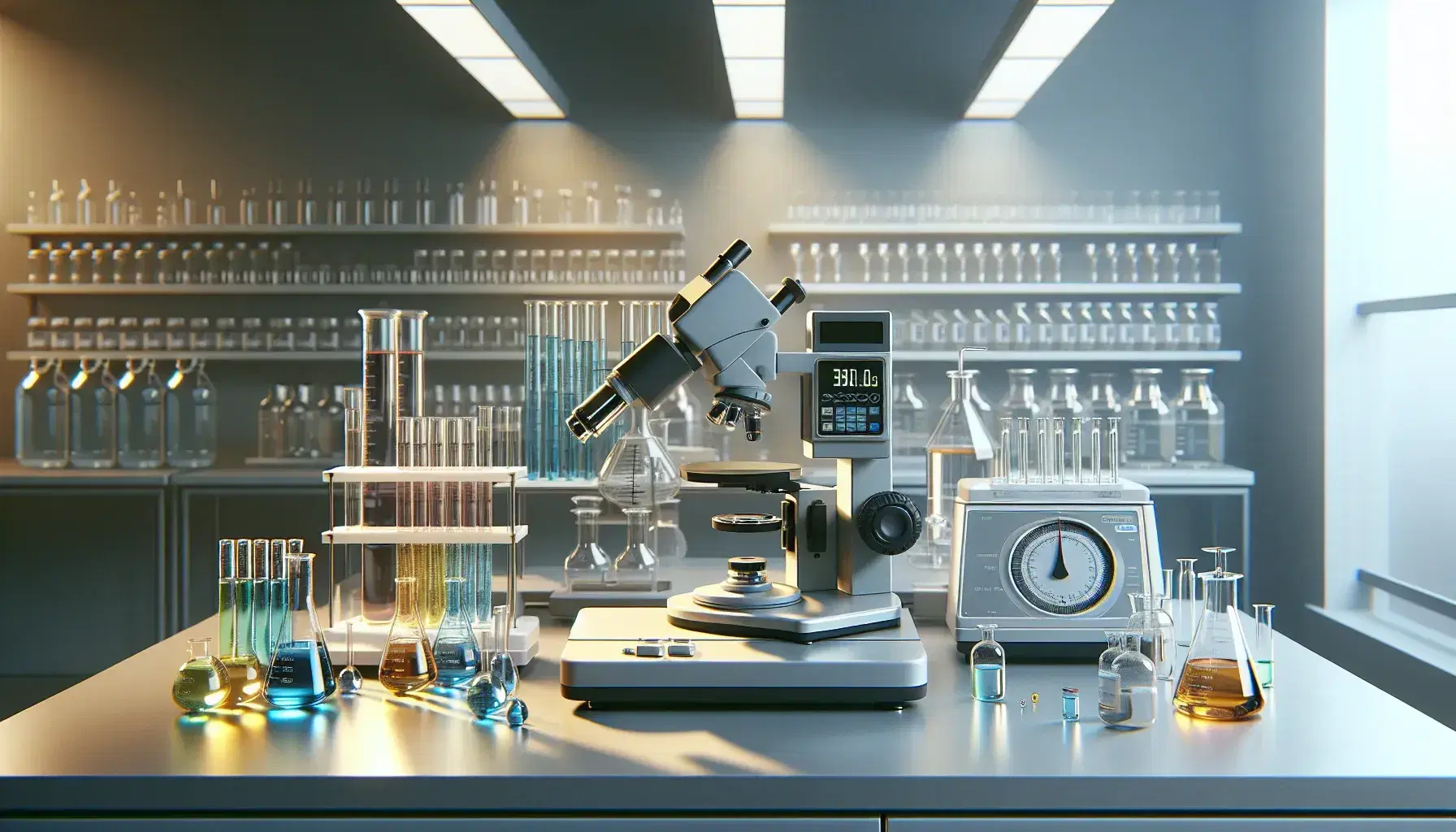 Laboratorio scientifico con microscopio, provette colorate, bilancia analitica digitale e cilindro graduato su tavolo centrale sotto luce fluorescente.