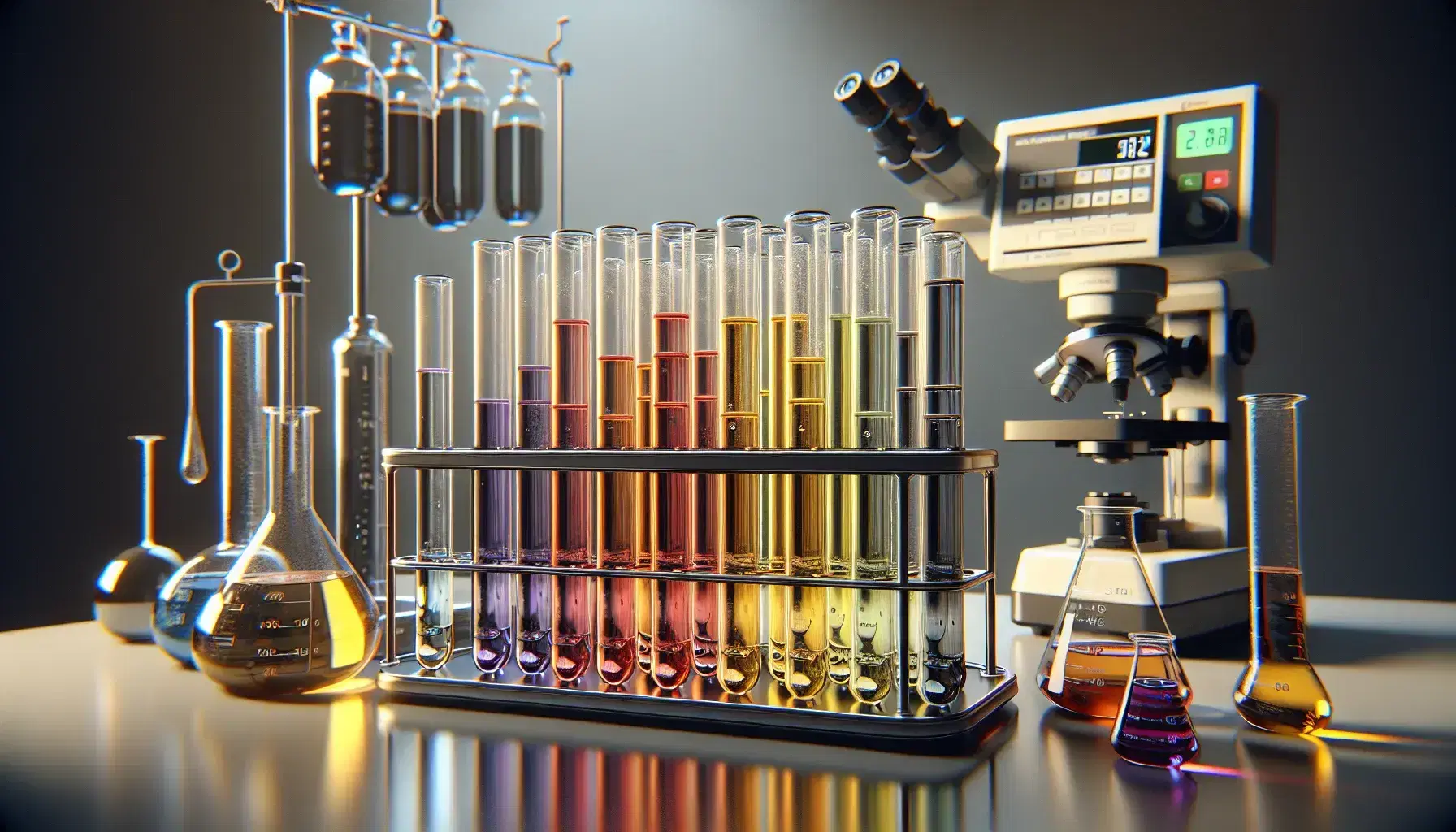 Tubos de ensayo con líquidos de colores en gradiente desde amarillo a púrpura en soporte metálico, balanza analítica y microscopio compuesto en laboratorio.