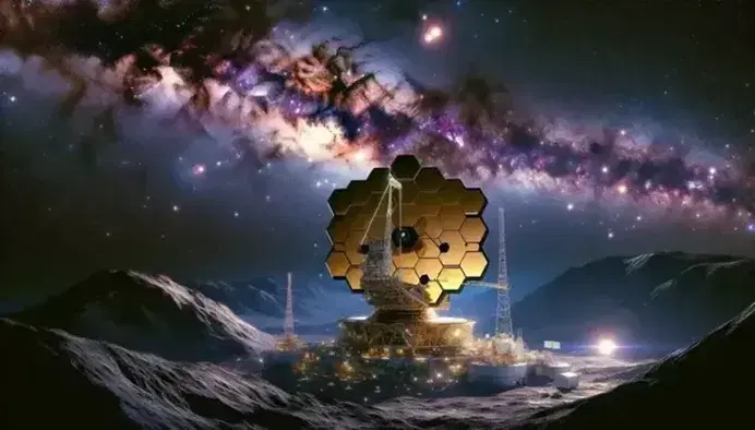 Telescopio spaziale James Webb con specchio esagonale dorato e pannelli solari, Hubble in lontananza e parte di un pianeta roccioso illuminato.