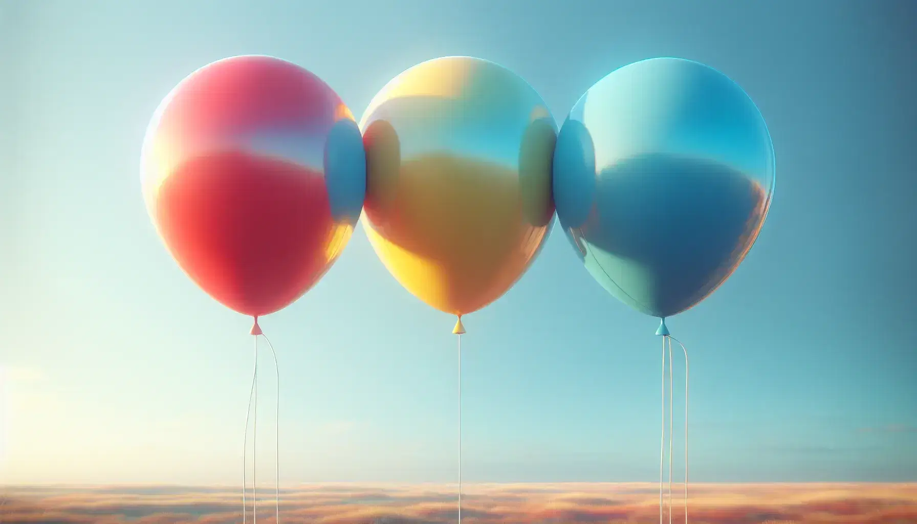 Globos de colores rojo, azul y amarillo flotando en el cielo claro con reflejos brillantes y cuerdas blancas colgando, sobre un fondo desenfocado de paisaje natural.