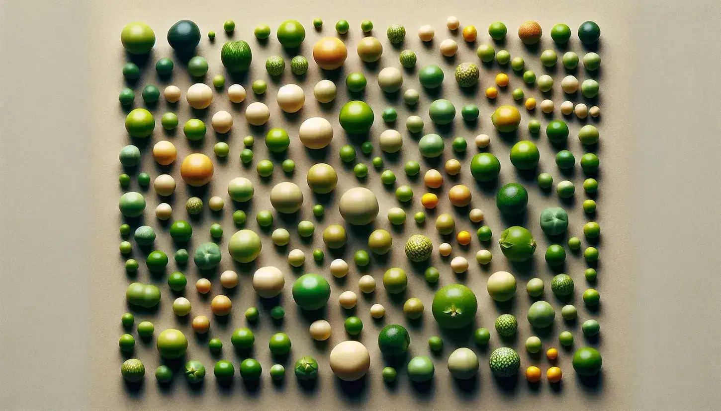 Guisantes de colores variados desde verde claro a oscuro y tonos amarillentos, dispersos sobre superficie lisa y neutra, sin sombras marcadas.