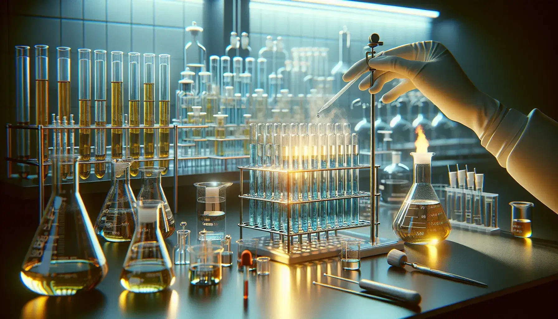 Laboratory with test tubes containing yellow-amber liquids on rack, lit Bunsen burner, beakers with clear liquid and glass bottles.