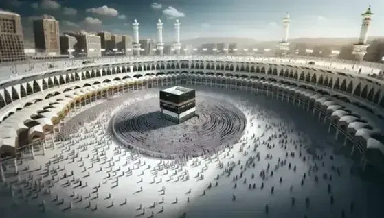 La Kaaba al centro della Grande Moschea di Mecca con fedeli in abiti bianchi che compiono il Tawaf su marmo bianco sotto un cielo azzurro.