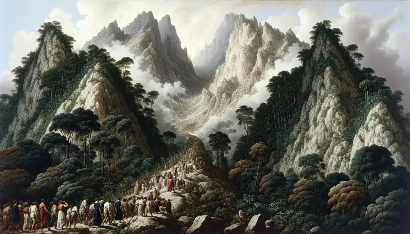 Montagna alta e ripida con cima tra le nuvole, base con vegetazione lussureggiante e sentiero con figure umane in salita.
