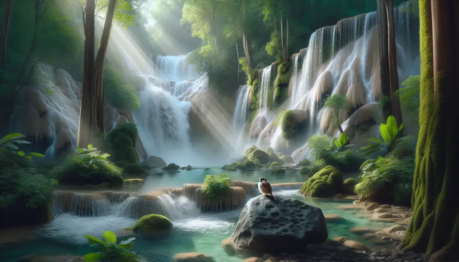 Cascata naturale in foresta lussureggiante con acqua che scende su parete rocciosa e piccolo uccello marrone su masso vicino stagno.