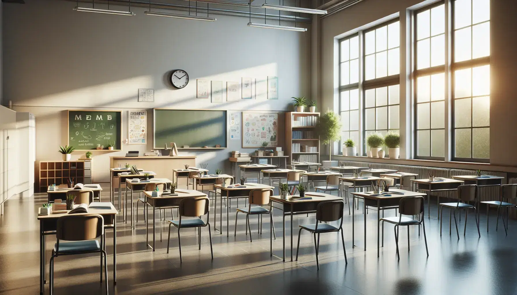 Aula escolar iluminada con luz natural, filas de pupitres individuales ordenados, uno inclinado, pizarra grande y carteles educativos, estantería con libros y planta verde.