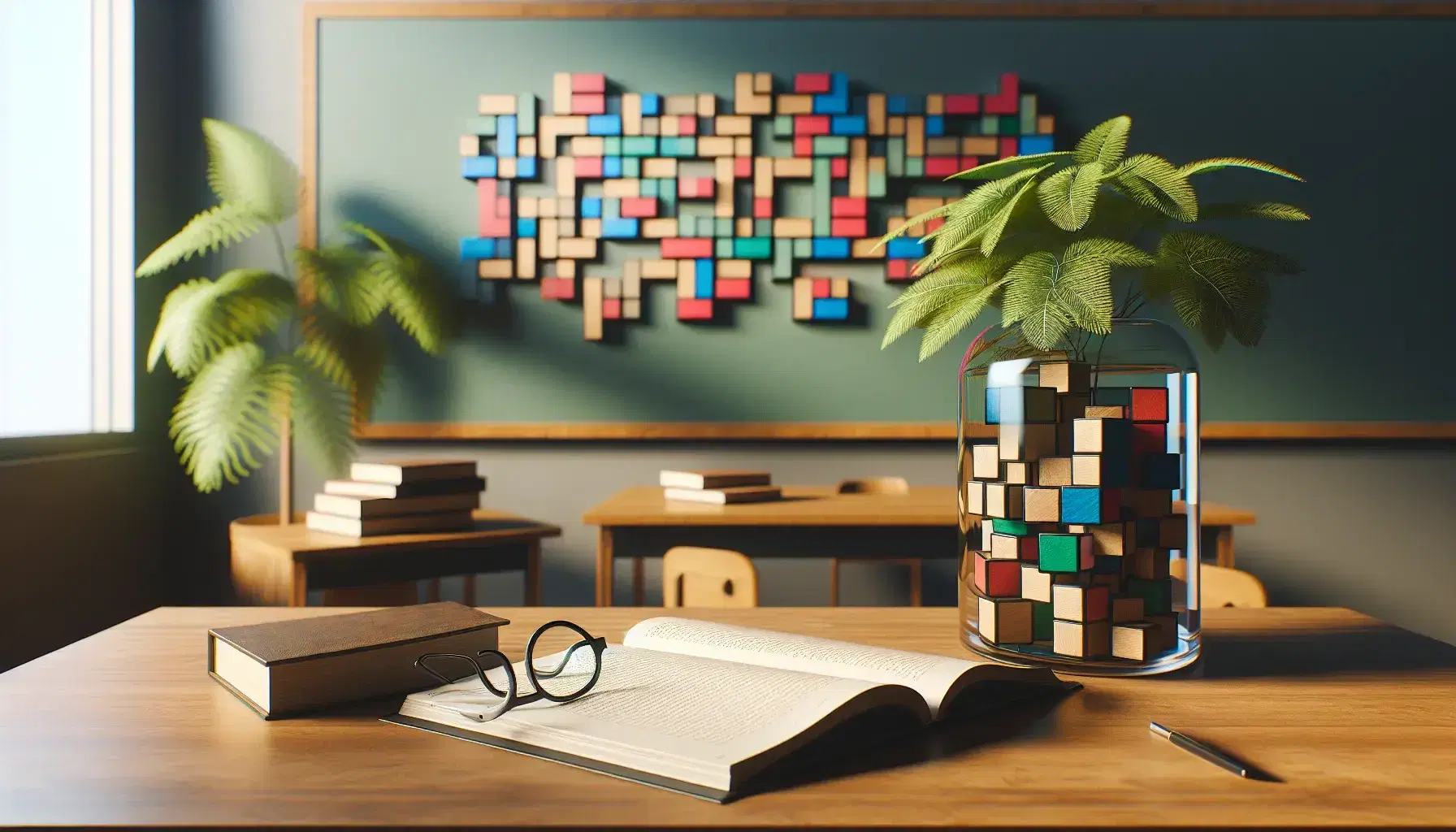 Serene French language classroom with an open textbook, round-framed glasses on a desk, colorful wooden blocks in a jar, and a lush potted plant beside a chalkboard.