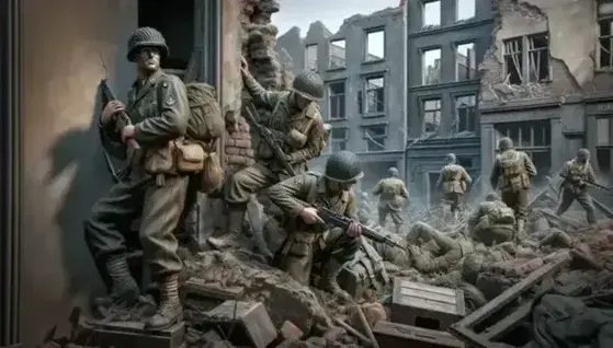 Allied soldiers advance through the rubble of a European city destroyed in World War II, alert and ready for combat.