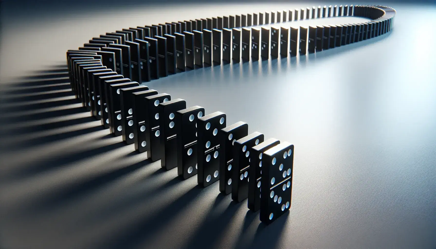 Fila di domino neri con punti bianchi su superficie liscia, primo pezzo inclinato inizia reazione a catena.