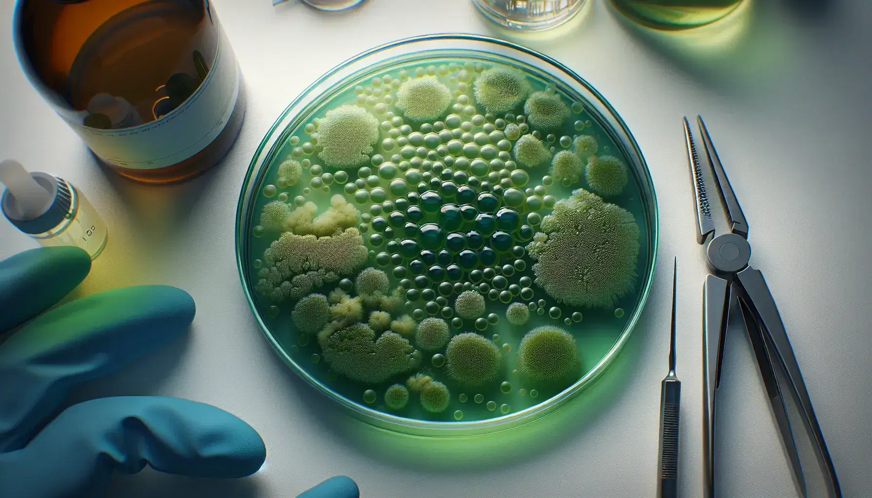 Petri dish with dense green bacterial colonies on agar, surrounded by tweezers, a blue glove, and a bottle with yellow liquid on a white lab counter.
