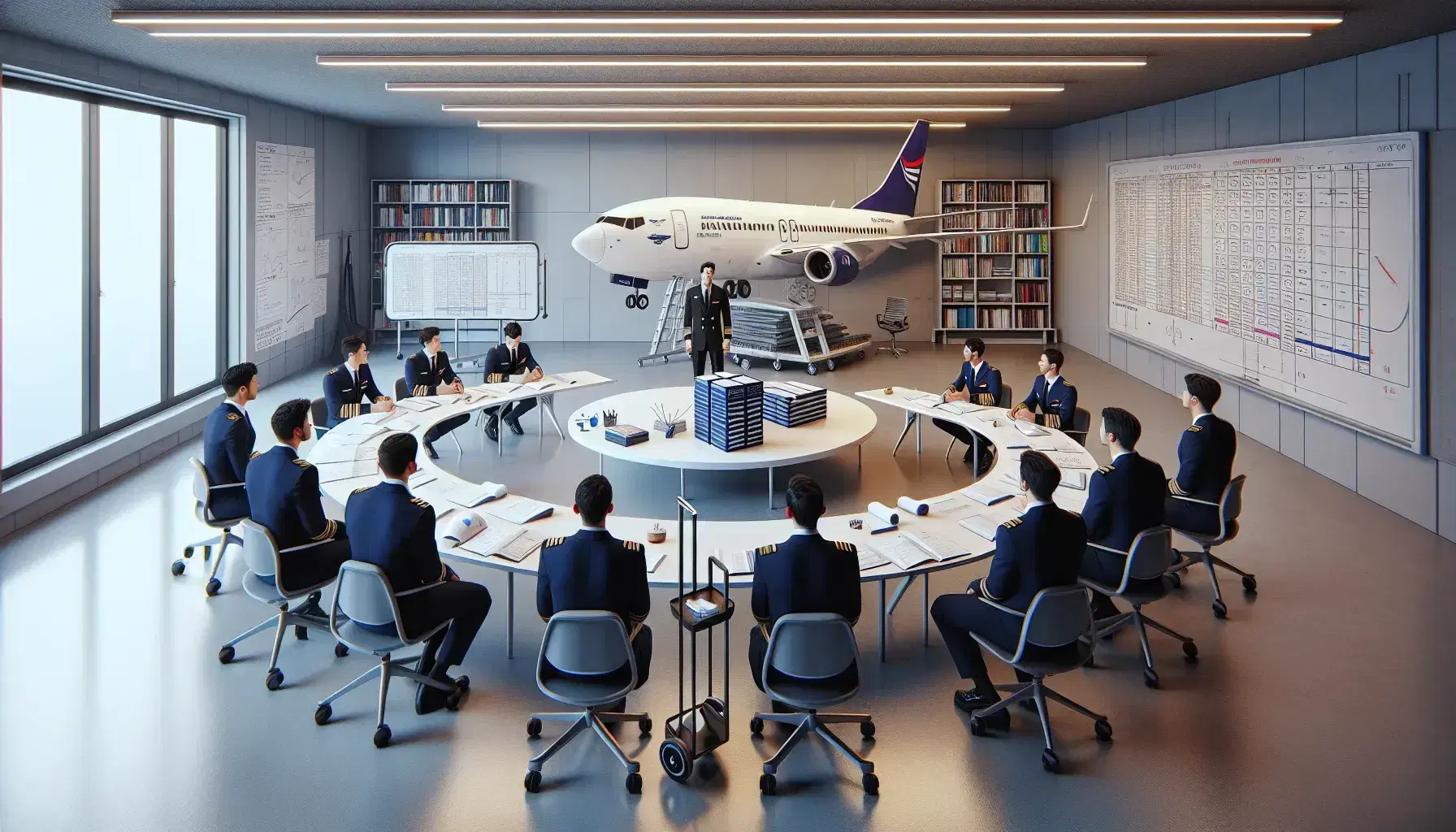 Aula di formazione per piloti con allievi in uniforme attorno a un tavolo ovale, modellino di aereo e carrello con libri e cuffie.