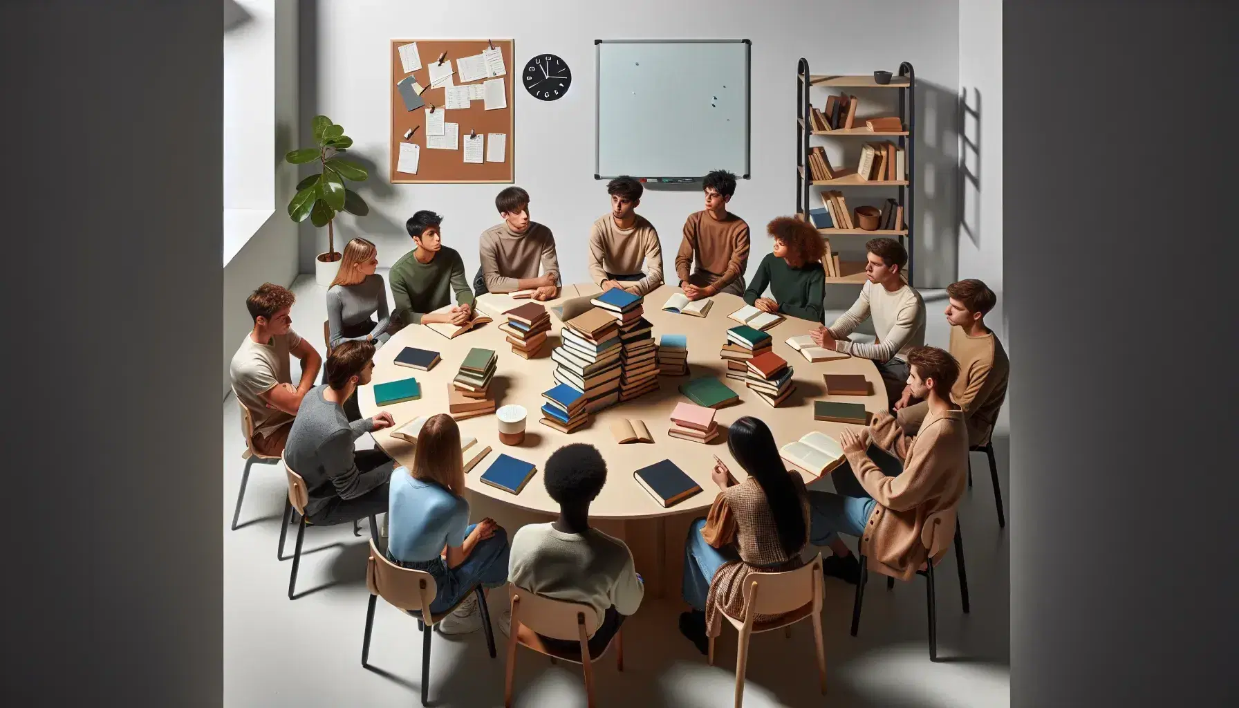 Grupo de estudiantes diversos participando en una discusión académica alrededor de una mesa con libros, uno señalando un libro y otro tomando notas, en un ambiente de estudio acogedor.