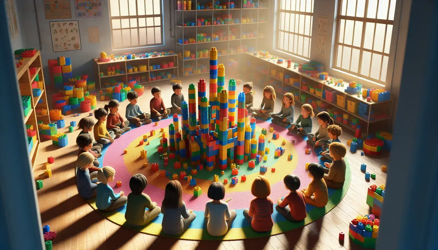 Niños de diversas edades sentados en círculo sobre alfombra colorida, jugando y construyendo con bloques de colores primarios, en una habitación iluminada naturalmente.