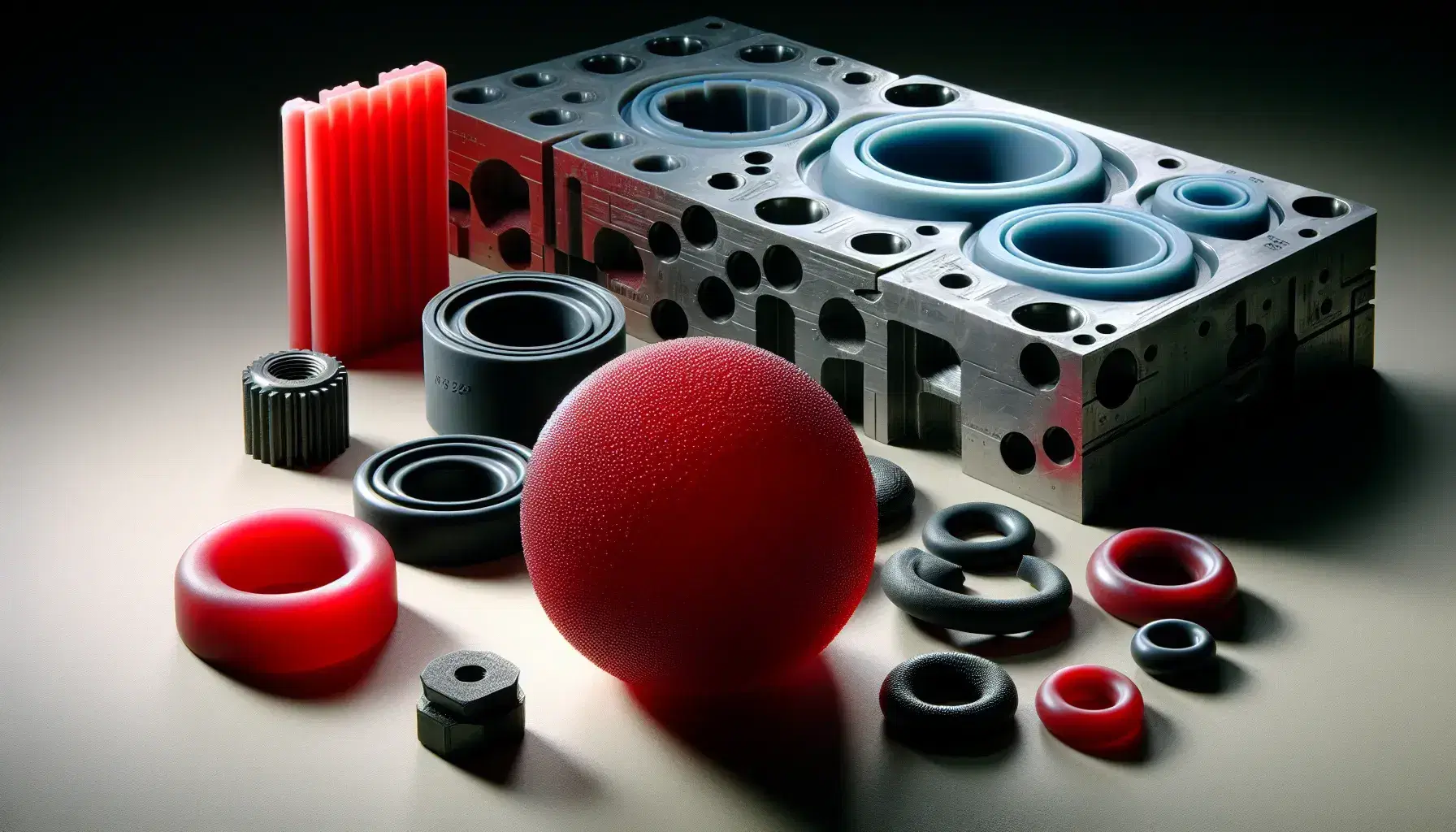 Variedad de objetos de elastómeros y plásticos, incluyendo una pelota de goma roja, o-rings negros apilados, un fragmento de termoplástico azul claro y un molde de inyección metálico.
