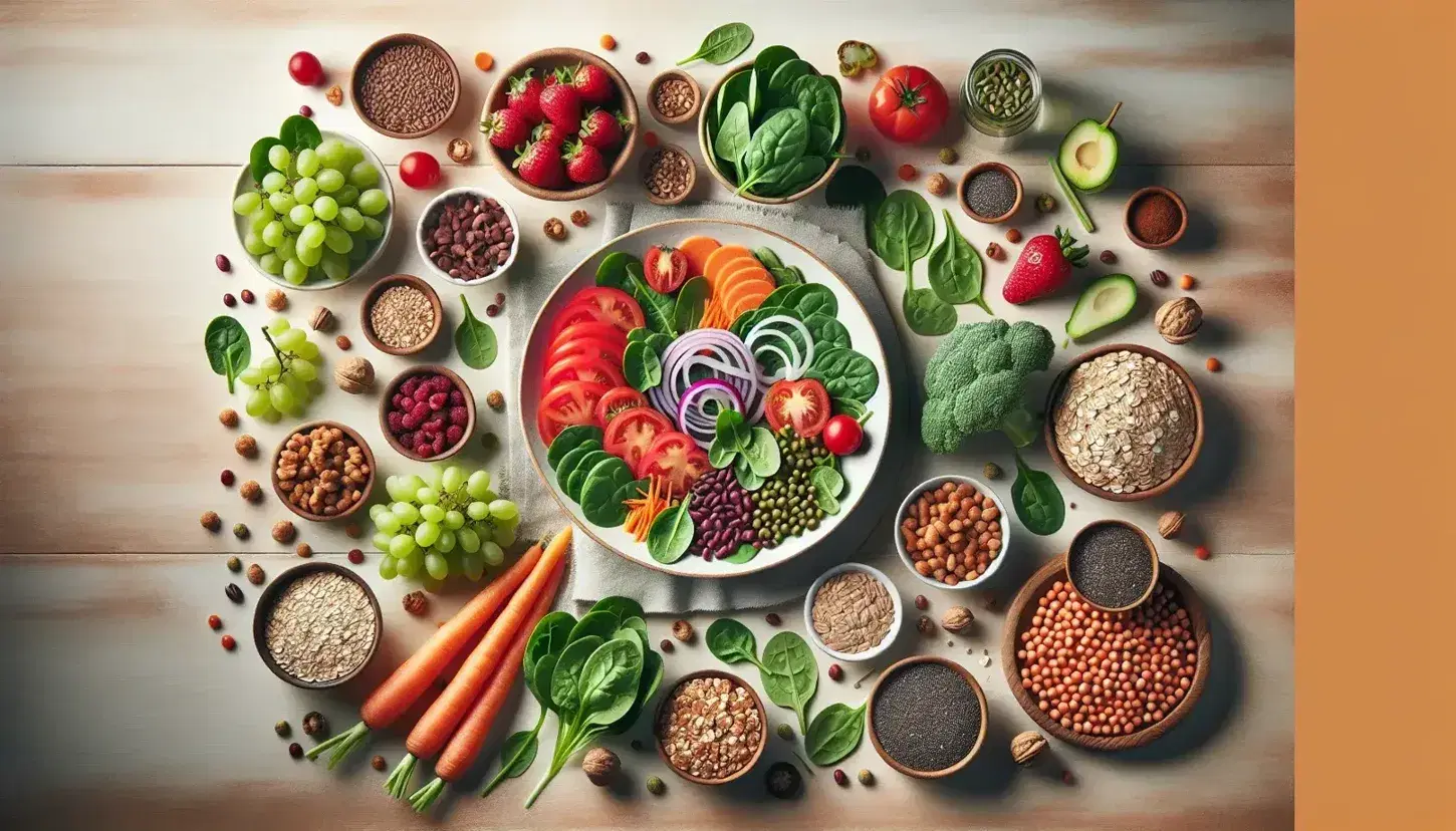 Plato de ensalada verde con tomate y cebolla morada, rodeado de uvas verdes, fresas, zanahorias, nueces y variedad de granos y semillas sobre superficie de madera.