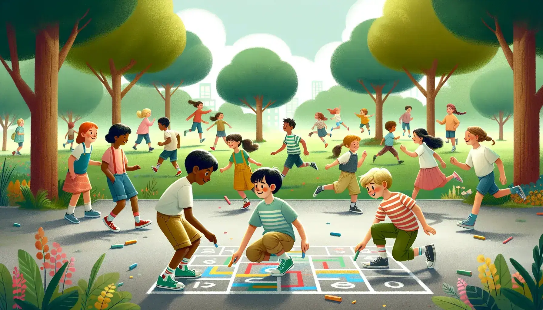 Niños diversos jugando en un parque soleado, uno dibuja con tizas de colores y otra salta en un juego de rayuela, con árboles y cielo azul de fondo.