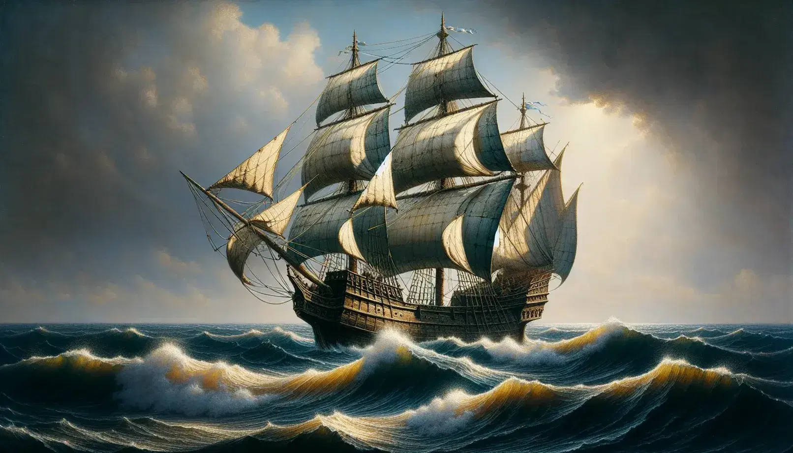 Caravella del XV secolo con vele spiegate naviga sul mare blu, riflessi dorati sulle onde, cielo nuvoloso all'orizzonte.
