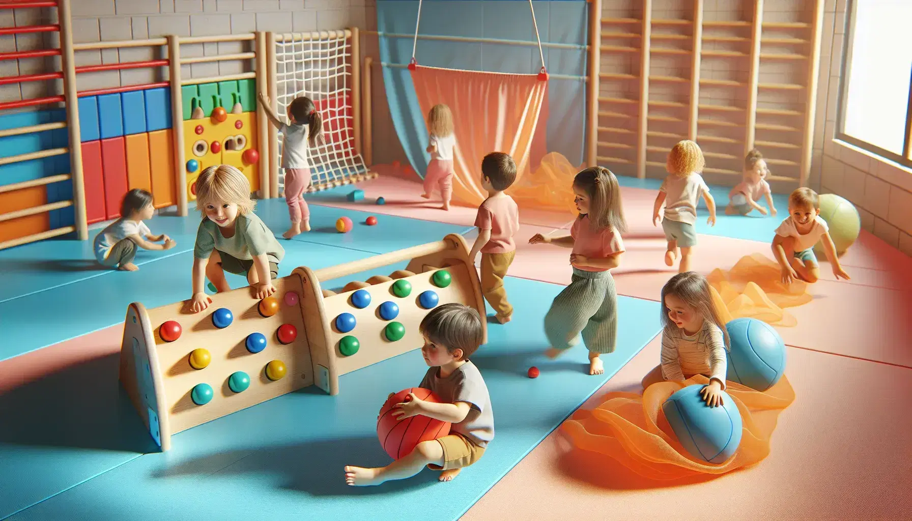 Niños pequeños jugando en sala colorida con túnel naranja, muro de escalada y puente de equilibrio, en ambiente seguro y lúdico.