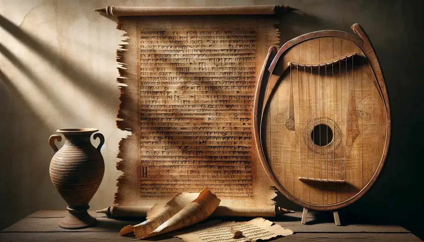 Riproduzione antico papiro con bordi sfrangiati e scrittura indecifrabile, lyra in legno scuro e coppa ceramica su sfondo tavolo usurato.