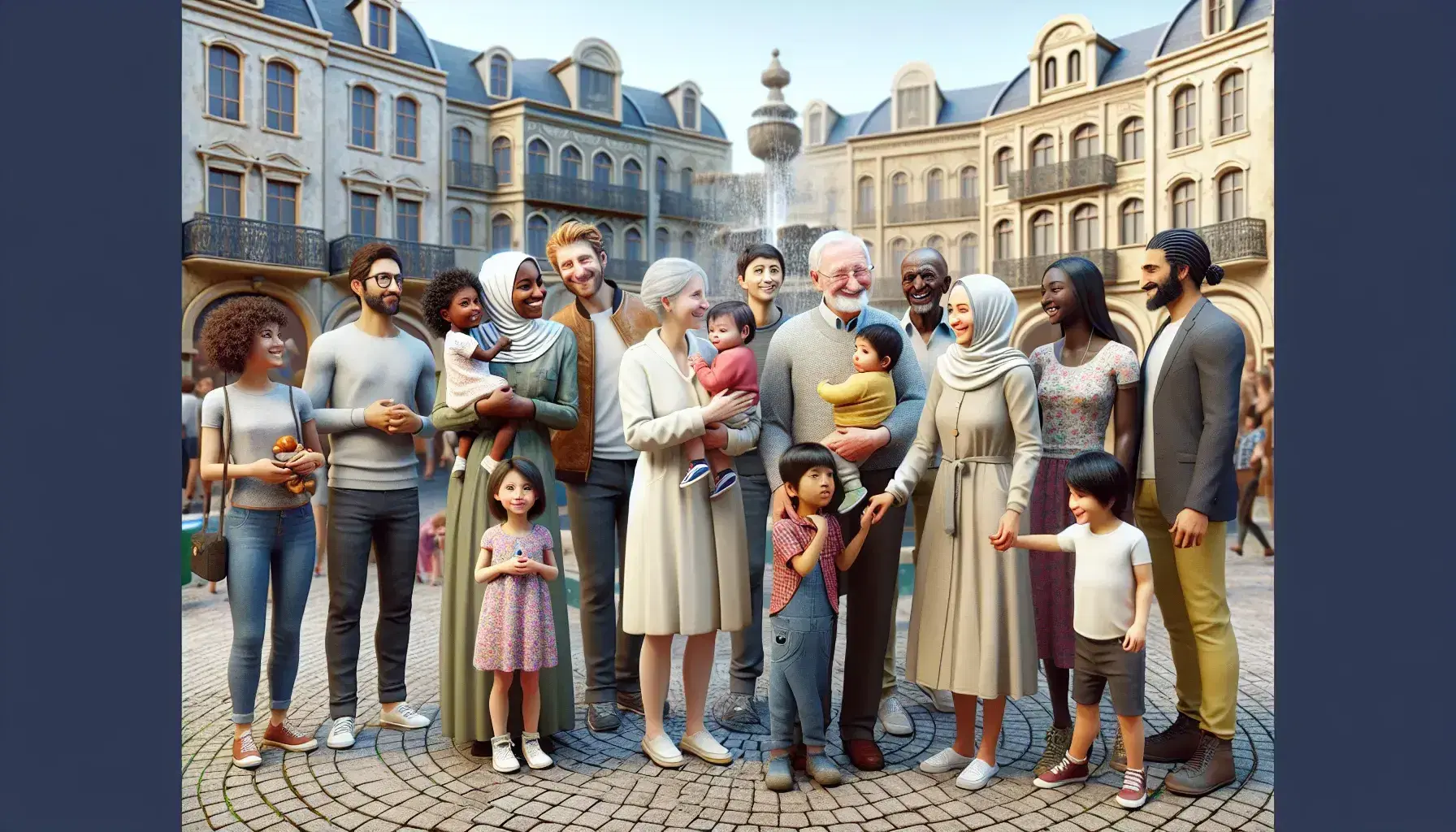 Diverse group of people interacting joyfully in a European city square with cobblestone pavement, a central fountain, and classic architecture.