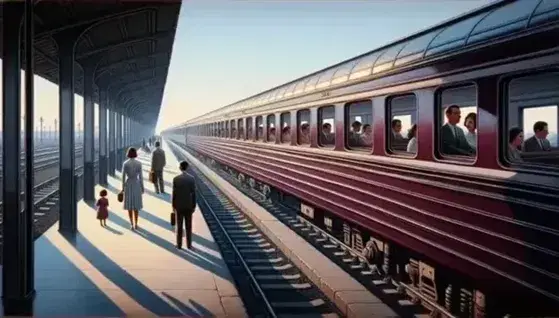 Vintage 1960s maroon train carriage with passengers on a sunny platform, including a couple and a family with a red balloon, under a clear blue sky.