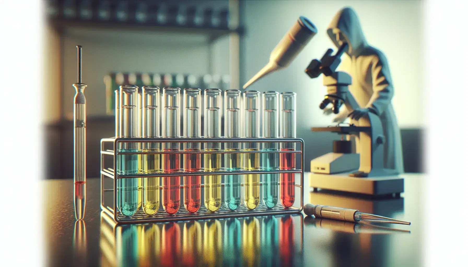 Primer plano de tubos de ensayo con líquidos de colores en un laboratorio, con un científico usando un microscopio al fondo y una pipeta automática a la derecha.