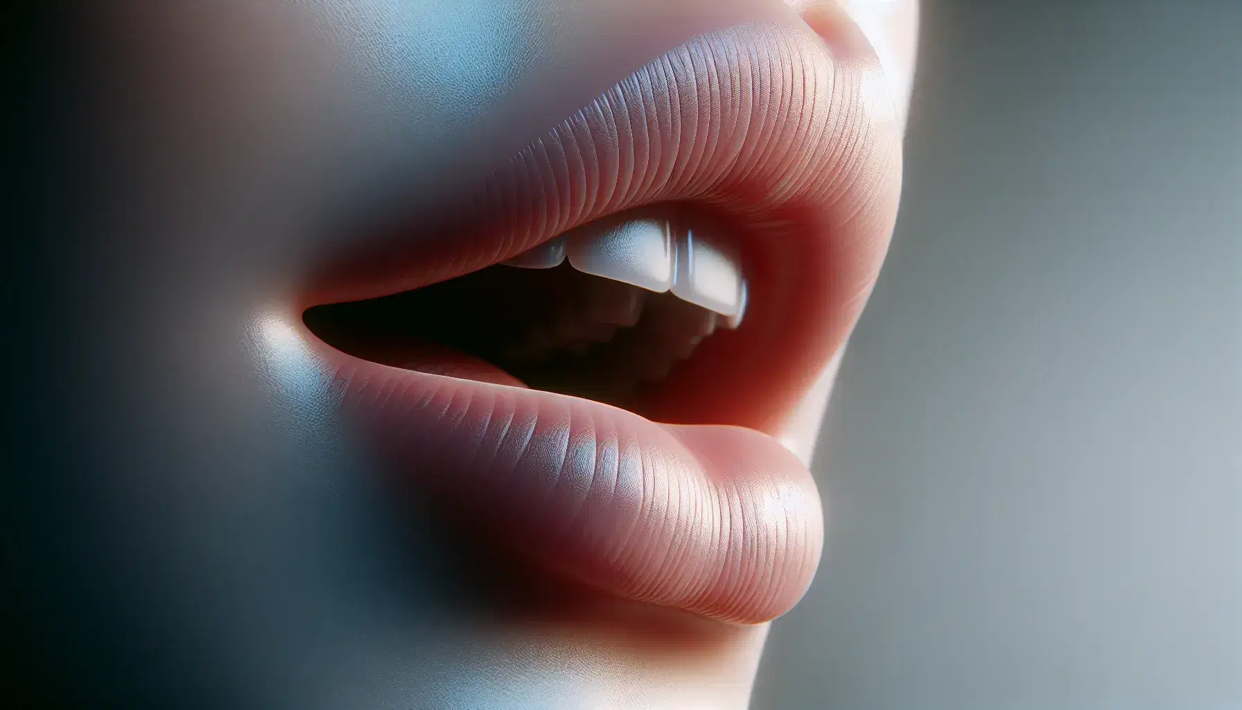 Close-up profile view of a human mouth with slightly parted lips, white teeth visible, against a gradient blue to gray background.