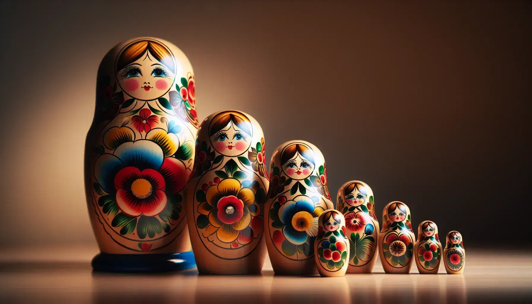 Close-up of wooden matryoshka dolls with colorful floral decorations in descending order, the largest opened showing the others inside.