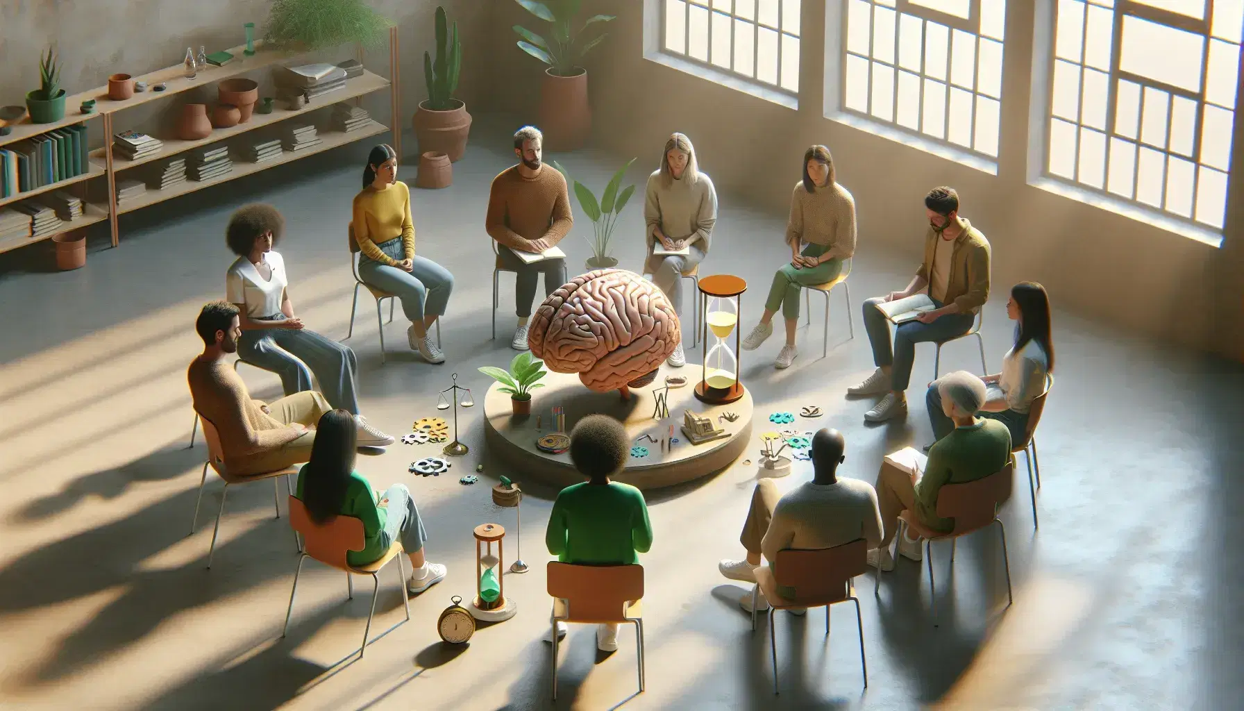Grupo diverso de personas sentadas en círculo alrededor de una mesa con modelo de cerebro humano, reloj de arena, rompecabezas y planta, en una sala iluminada naturalmente.