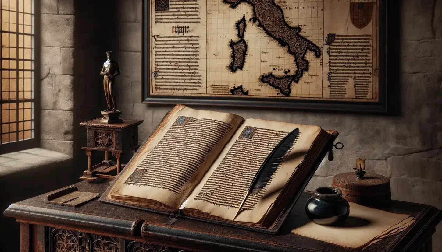 Manoscritto antico su leggio in legno scuro con penna d'oca e calamaio accanto, scultura in bronzo e mappa medievale dell'Italia sullo sfondo.