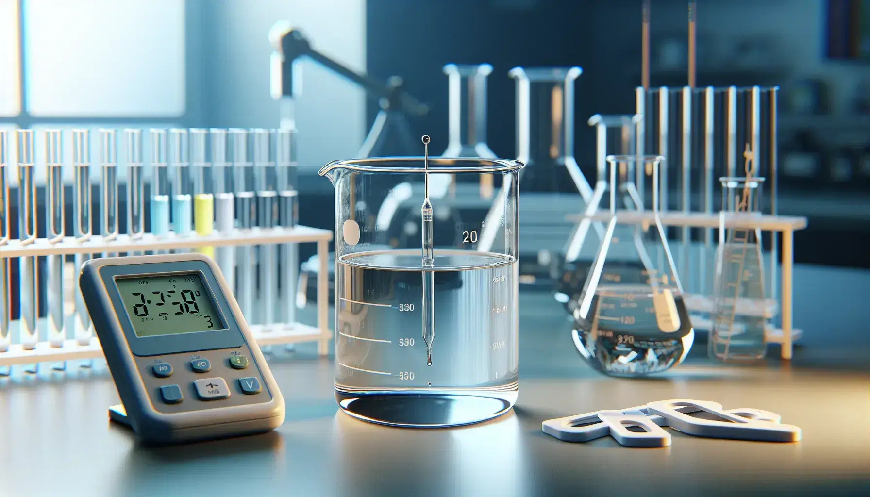 Scientific laboratory with beaker and transparent liquid, immersed pH meter probe, pH strips, glass material and green plants in the background.