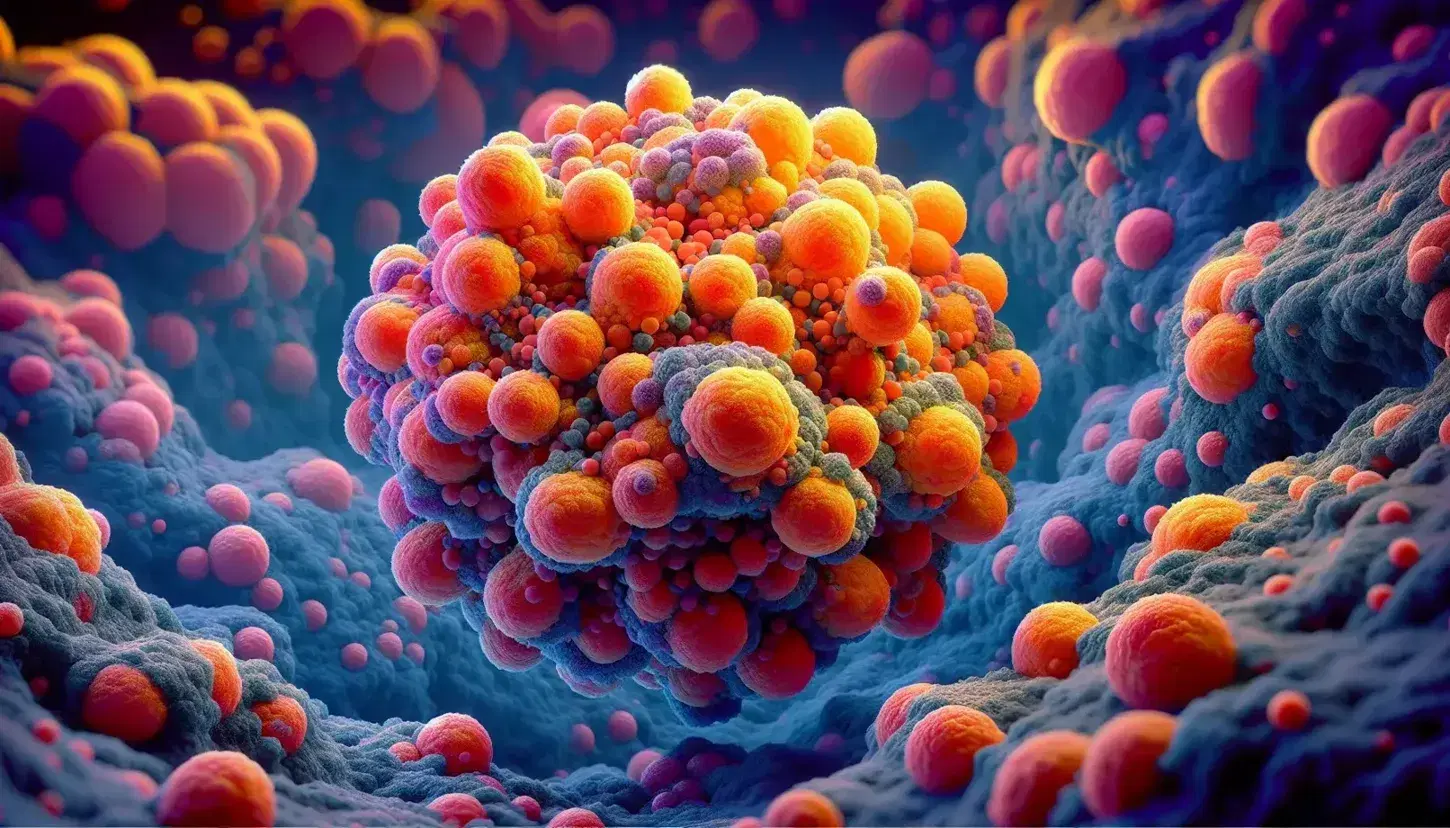 Microscopic view of vibrant orange, pink, and yellow Archaea cells in binary fission, set against a deep blue and purple anoxic environment.