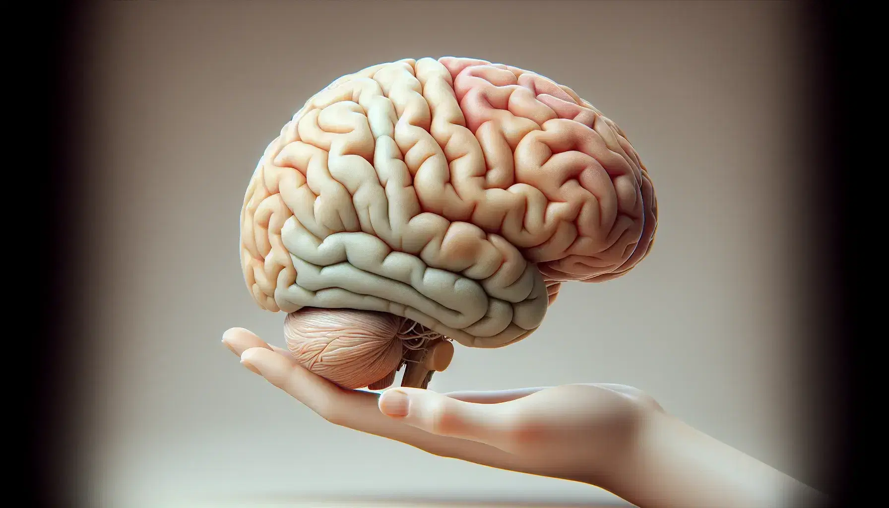 Three-dimensional anatomical model of the human brain sectioned sagittally with realistic hand approaching it on a neutral background.