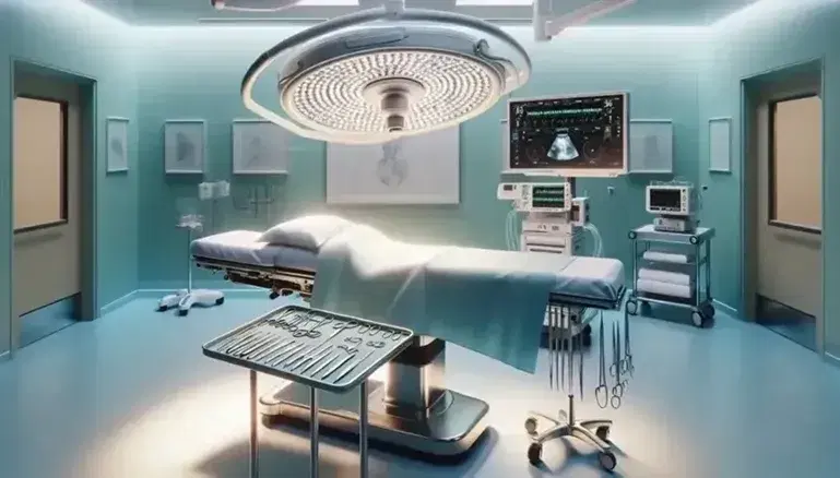 Modern operating room with an unoccupied surgical table, overhead surgical light, stainless steel instrument tray, and advanced anesthesia machine.