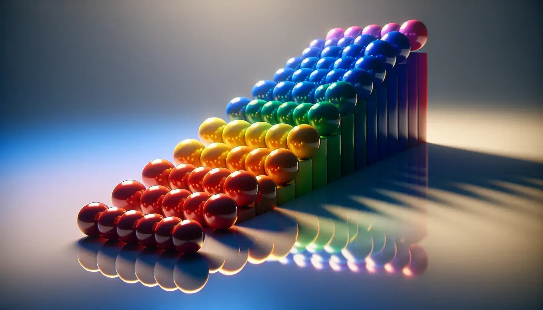 Colorful spheres in a gradient from red to violet on a reflective surface, arranged in a descending staircase pattern with soft shadows.