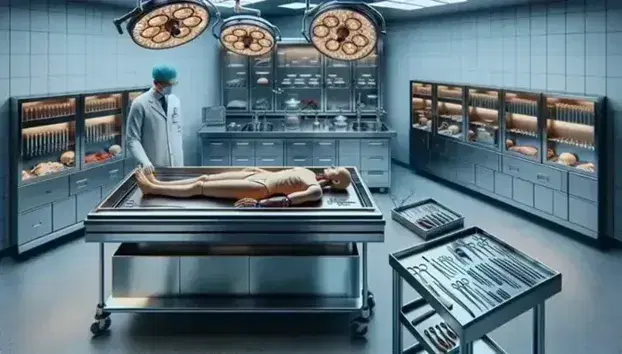Laboratorio de medicina forense con mesa de autopsia y maniquí anatómico, carrito de instrumentos quirúrgicos y médico observando.