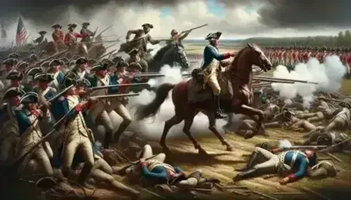 American Revolutionary War battle scene with Continental Army soldiers in blue and buff uniforms fighting against British troops.